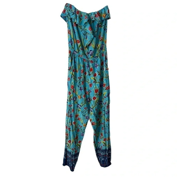 Angie M blue floral strapless boho romper/jumpsuit‎ with pockets + elastic waist - Picture 1 of 7
